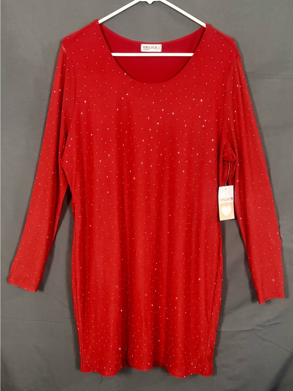 Popular 21 | Red Long-Sleeve Evening Dress | Rhinestone | Sheer Sleeves